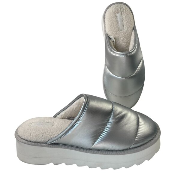 Maeve Puffy Platform Slippers Womens L 10 11 Silver Slip On Slide Puffer Quilted - Picture 1 of 13